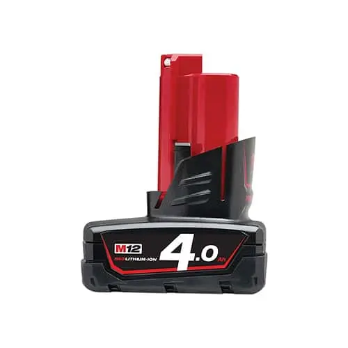 Red and black Milwaukee M12 4.0 lithium-ion battery pack against white background.