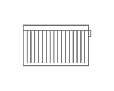 Simple gray outline drawing of a radiator with vertical slats for heating