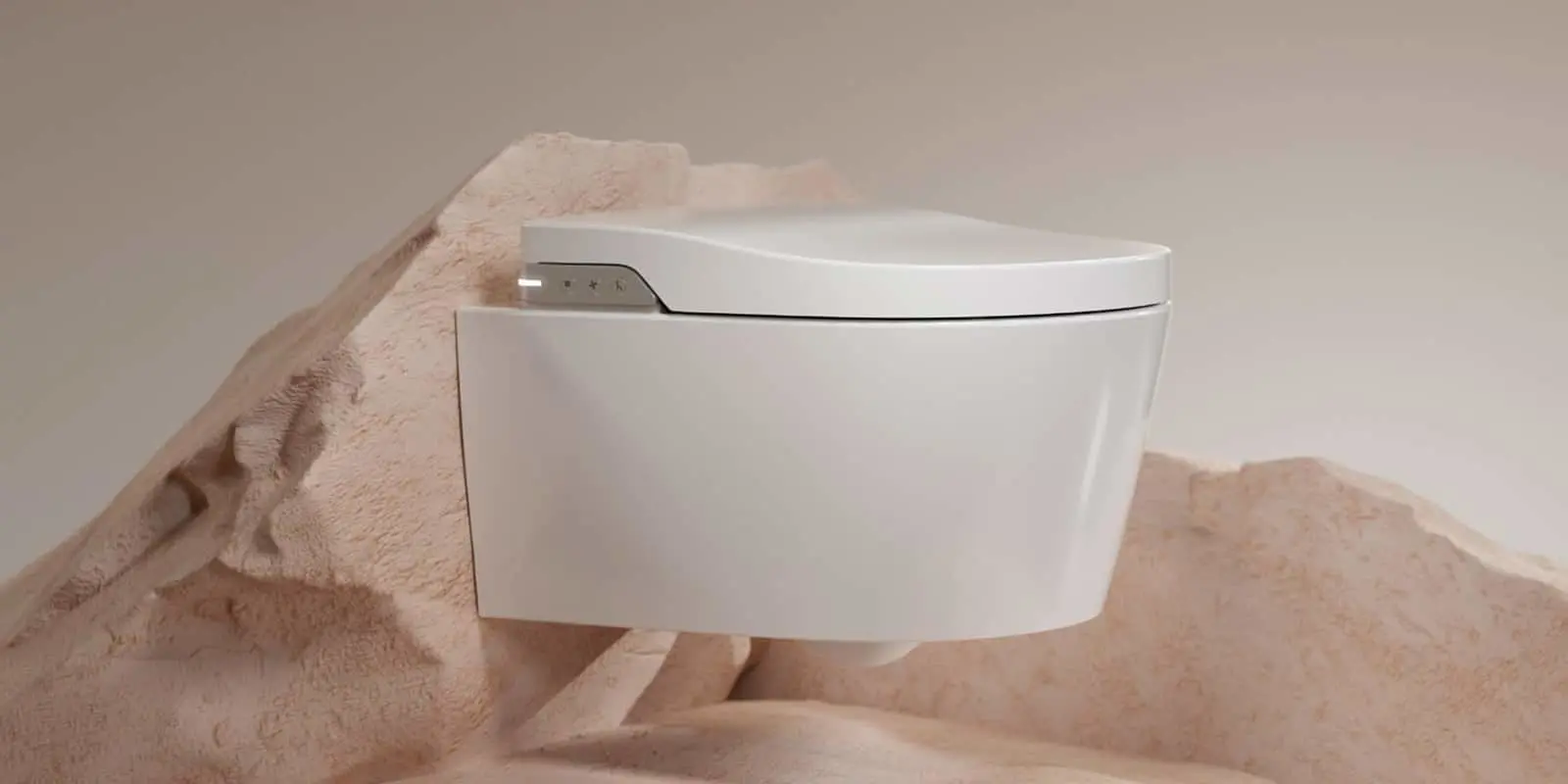 Modern white wall-mounted smart toilet with electronic controls against a beige textured background.
