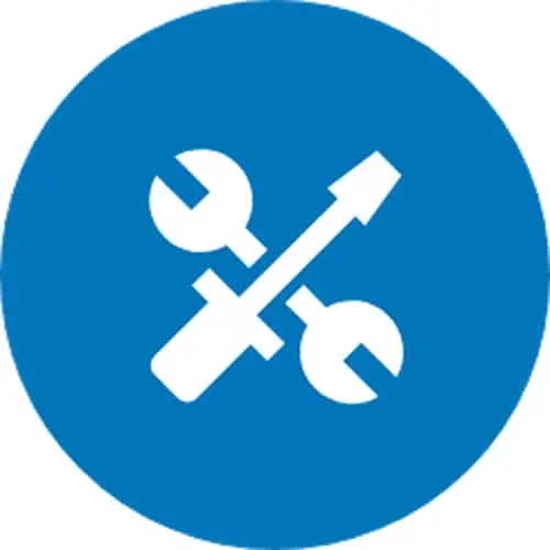 Blue circular icon with white crossed wrench and screwdriver tools representing maintenance or repair services.