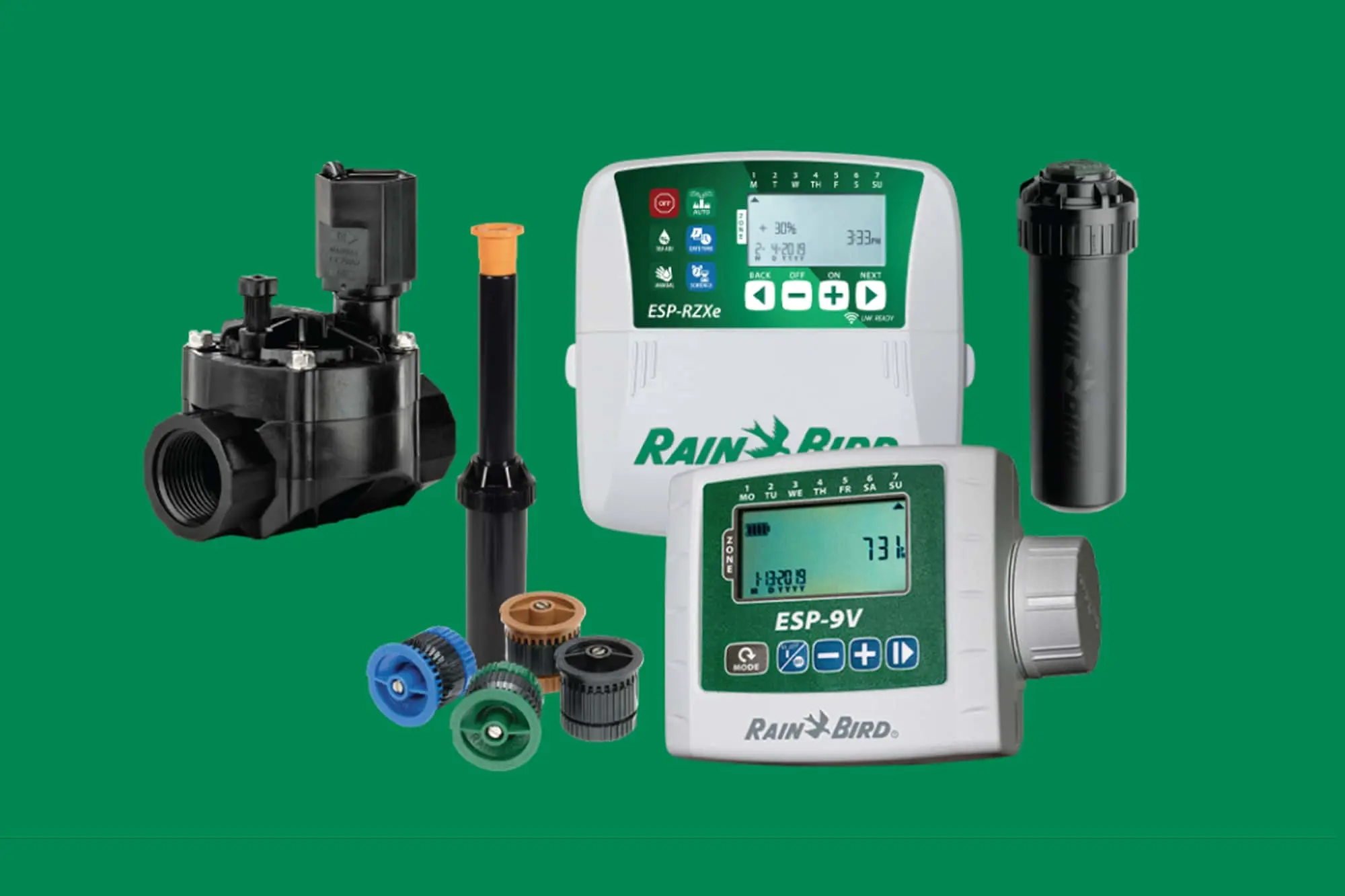 Rain Bird irrigation system components including digital controllers, valve, sprinkler heads and nozzles on green background.