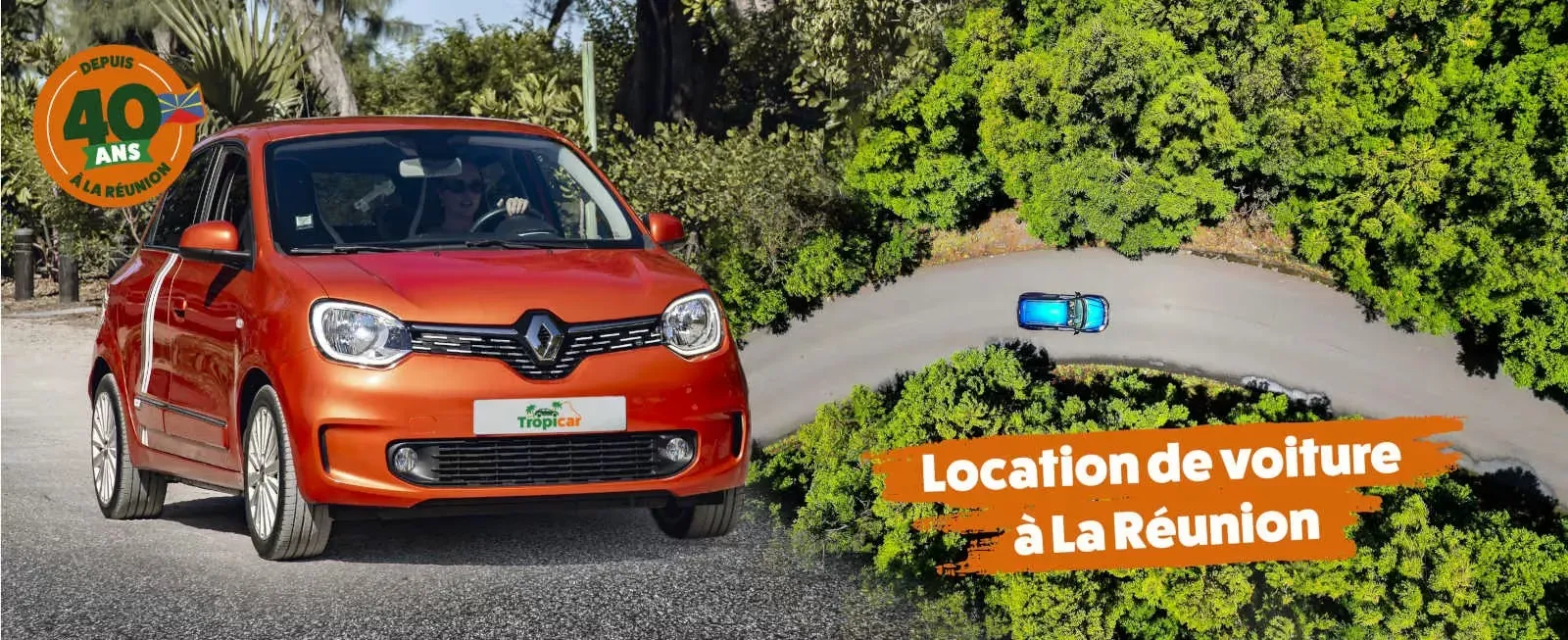Voiture de location Tropicar sur les routes de La Réunion, enseigne locale depuis 1984