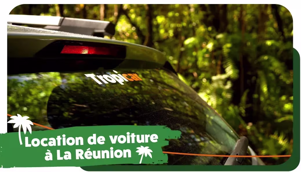 Véhicule Tropicar sur une route bordée de végétation à La Réunion