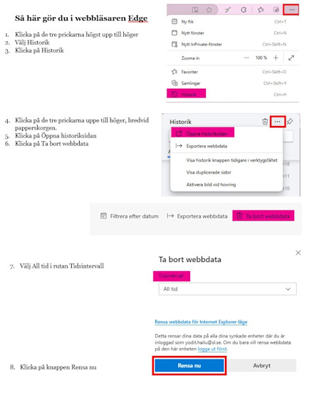 Instruktion för hur man rensar cache och cookies i webbläsare Edge