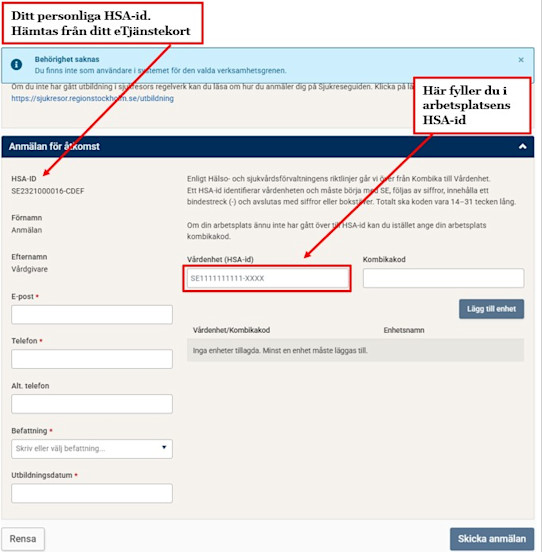 Bild på anmälningsformulär i Sjukresewebben där användaren kan ange Vårdenhets HSA-Id