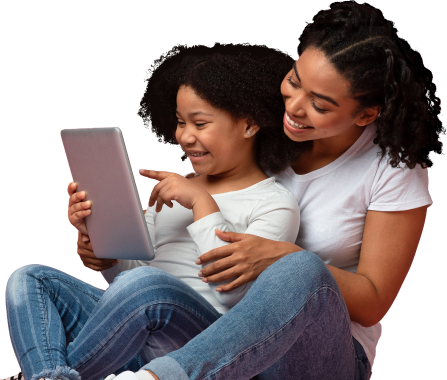 Woman with child on ipad. PNG.