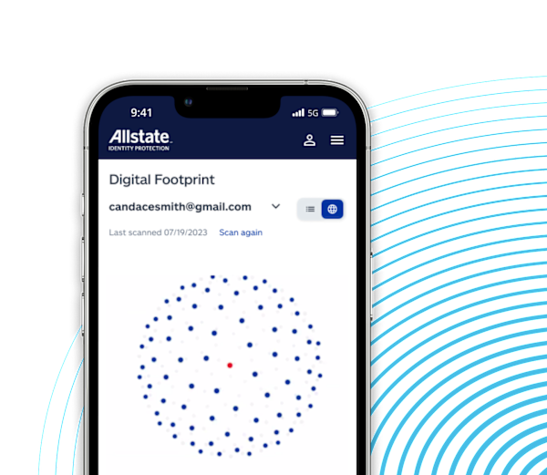 The allstate identity protection application open on a phone displaying the 'digital footprint' tab.