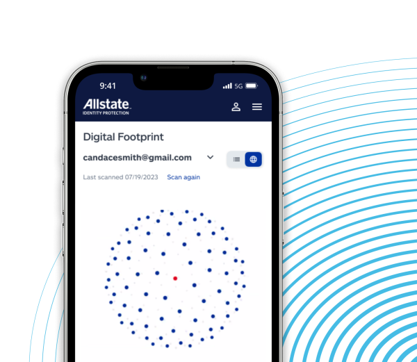 The allstate identity protection application open on a phone displaying the 'digital footprint' tab.