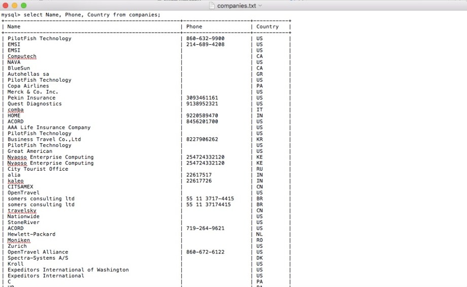 Screenshot of txt file of company list