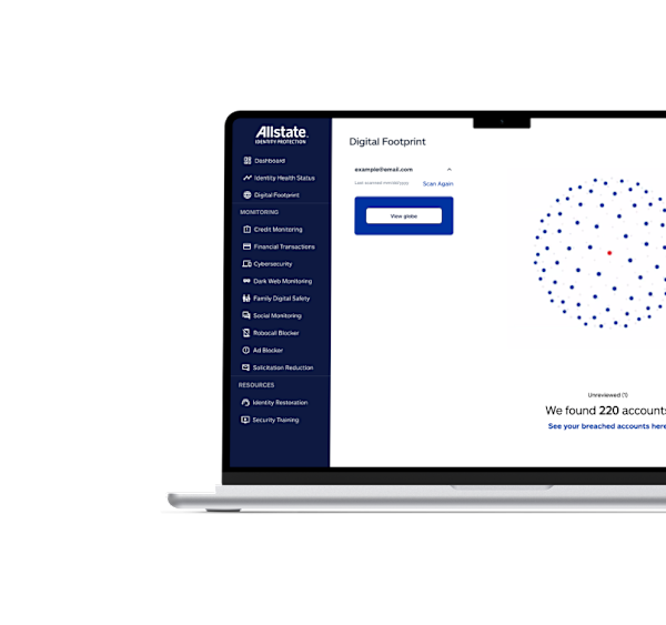 The allstate identity protection application open on a laptop displaying the 'digital footprint' tab.