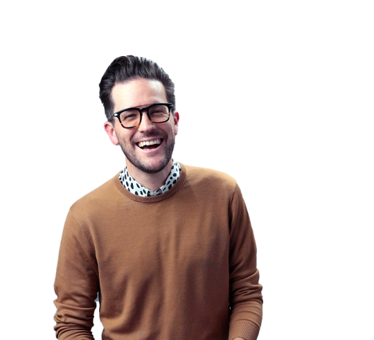 Man Smiling in Brown Sweater wearing glasses. PNG.