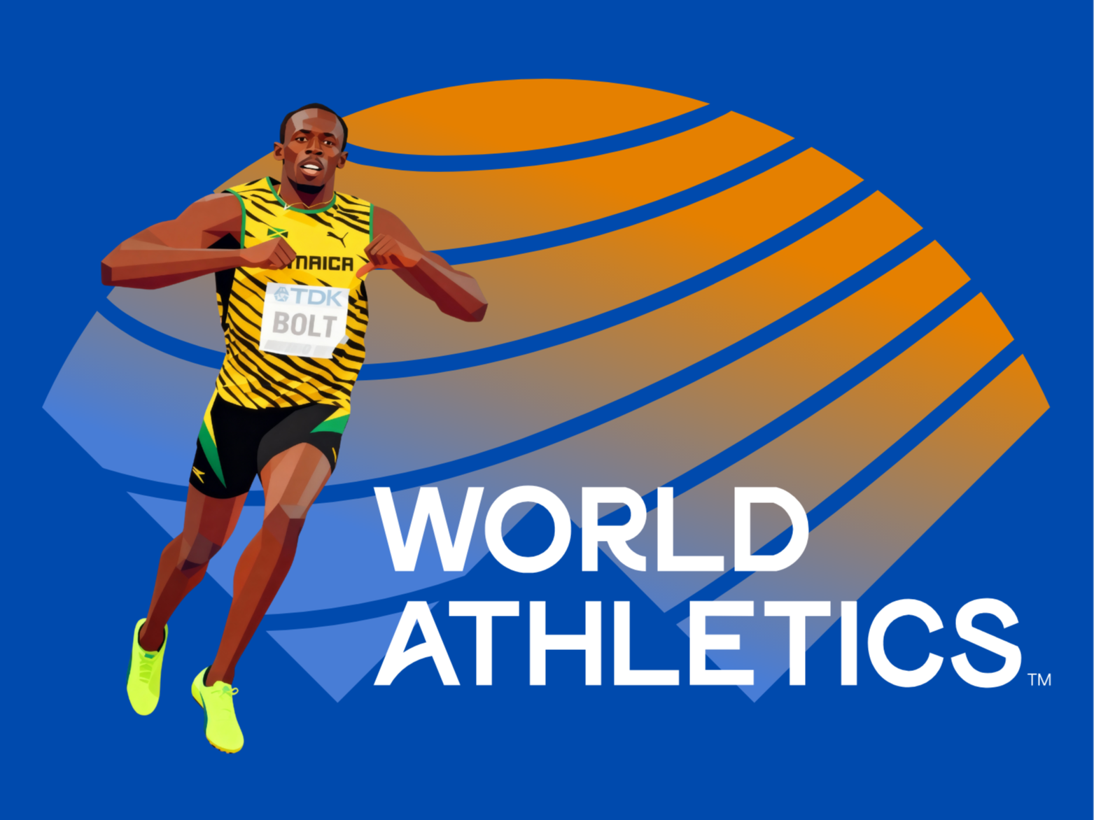 A stylised illustration of Usain Bolt in mid-stride celebration, set against the bold World Athletics emblem. Rendered in sharp vector form with vivid championship colours, the image captures speed, dominance, and the global spectacle of athletics at its peak.