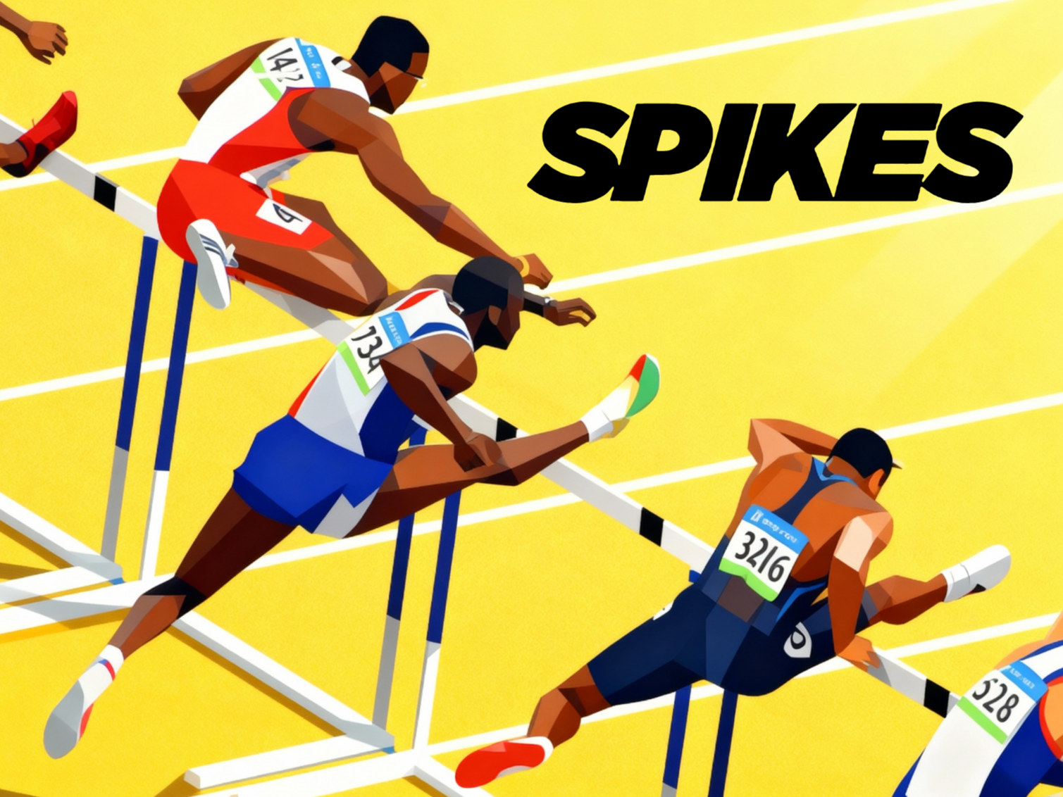 A high-impact vector illustration capturing hurdlers suspended mid-air over a bold yellow track, frozen in a moment of speed, precision, and explosive power. The composition distils elite sprinting into pure motion — muscle, momentum, and milliseconds separating victory from defeat.