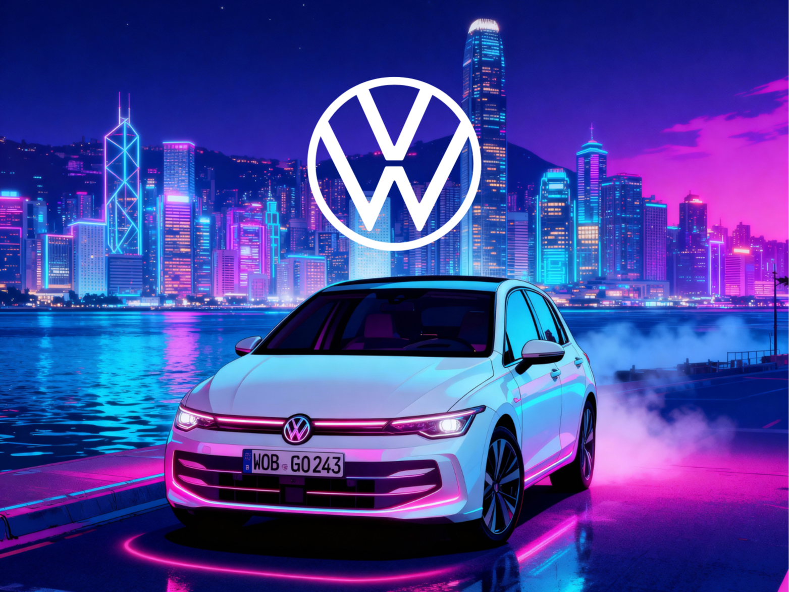 A VW Golg glows under electric pink and cyan light at the edge of a neon-lit harbour, with a towering skyline shimmering across the water. The scene blends retro synthwave aesthetics with modern automotive design, turning the quiet waterfront into a stage of light, speed, and reflection.