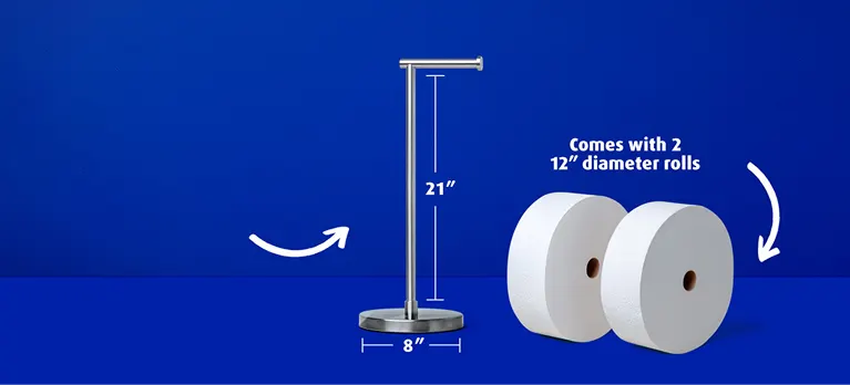 21 inch x 8 inch Premium brushed stainless steel roll holder and 2 forever rolls next to each other