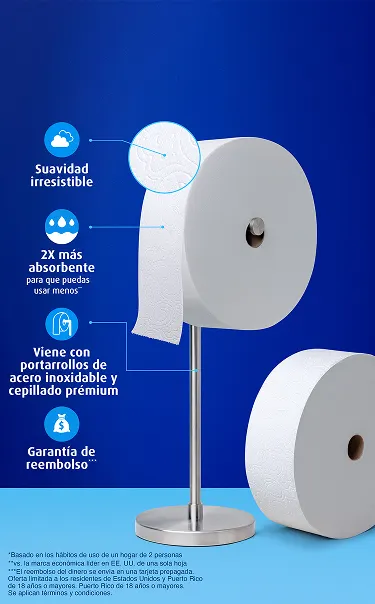 Dos rollos de papel higiénico Forever Roll con uno de ellos en el portarrollos de acero inoxidable cepillado prémium