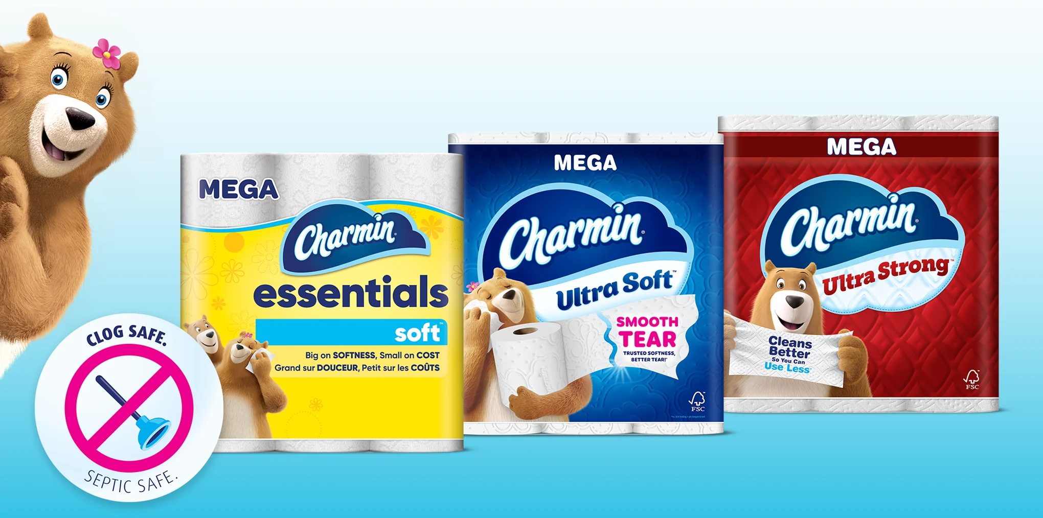 Molly bear peering out over clog-free guarantee icon next to Charmin Essentials Soft, Ultra Soft, and Ultra Strong Mega packs