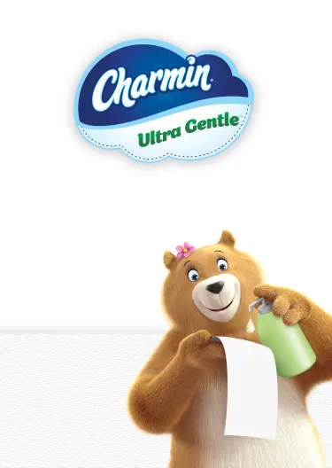 Molly bear applying lotion to Ultra Gentle toilet paper