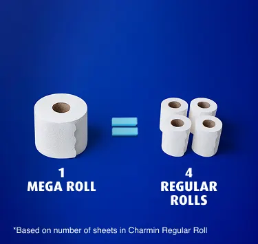 Comparison of 1 Mega Roll to 4 regular rolls. Change your roll less often. One Mega Roll equals 4 regular rolls. Comparison of 1 Mega Roll to 4 regular rolls. Change your roll less often. One Mega Roll equals 4 regular rolls.