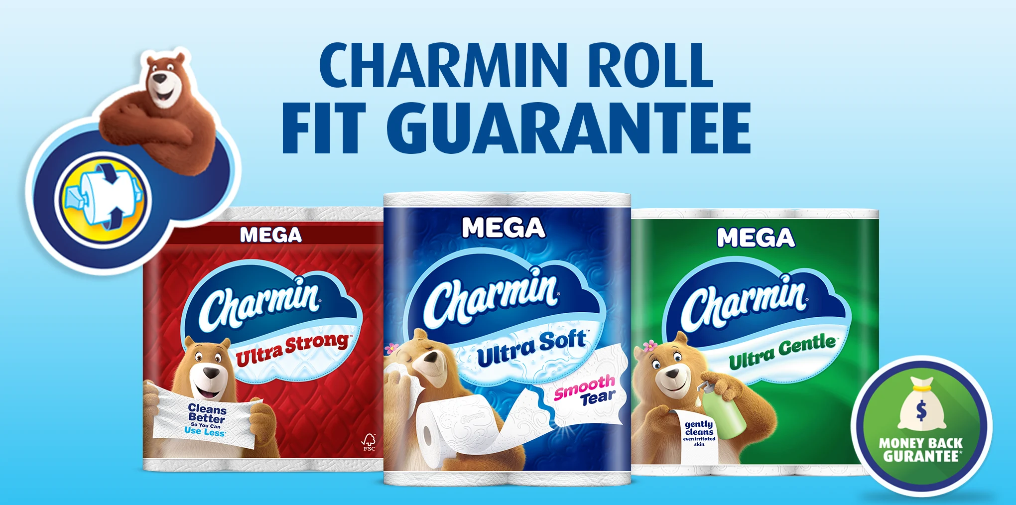 Leonard bear above roll-fit guarantee icon next to Charmin Ultra Strong, Ultra Soft, and Ultra Gentle Mega packs