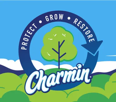 Charmin Protect - Grow - Restore logo nestled on top of treetops