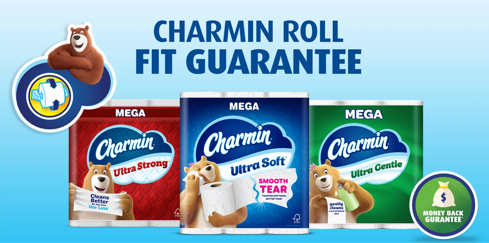 El oso Leonard sobre el ícono de garantía de ajuste del rollo junto a paquetes Mega de Charmin Ultra Strong, Ultra Soft y Ultra Gentle