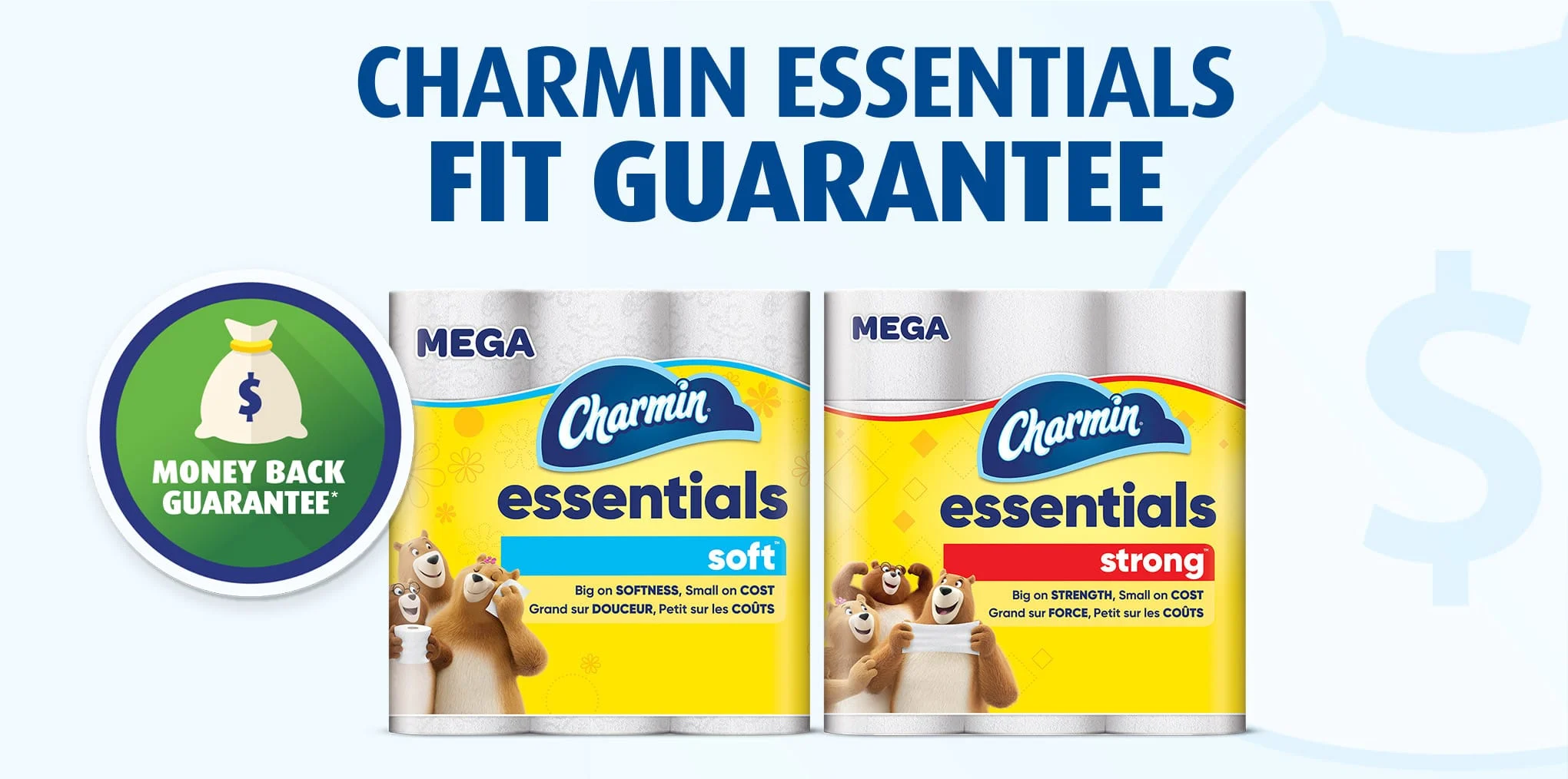 Ícono de Garantía de reembolso junto a paquetes de Charmin Essentials Soft y Strong