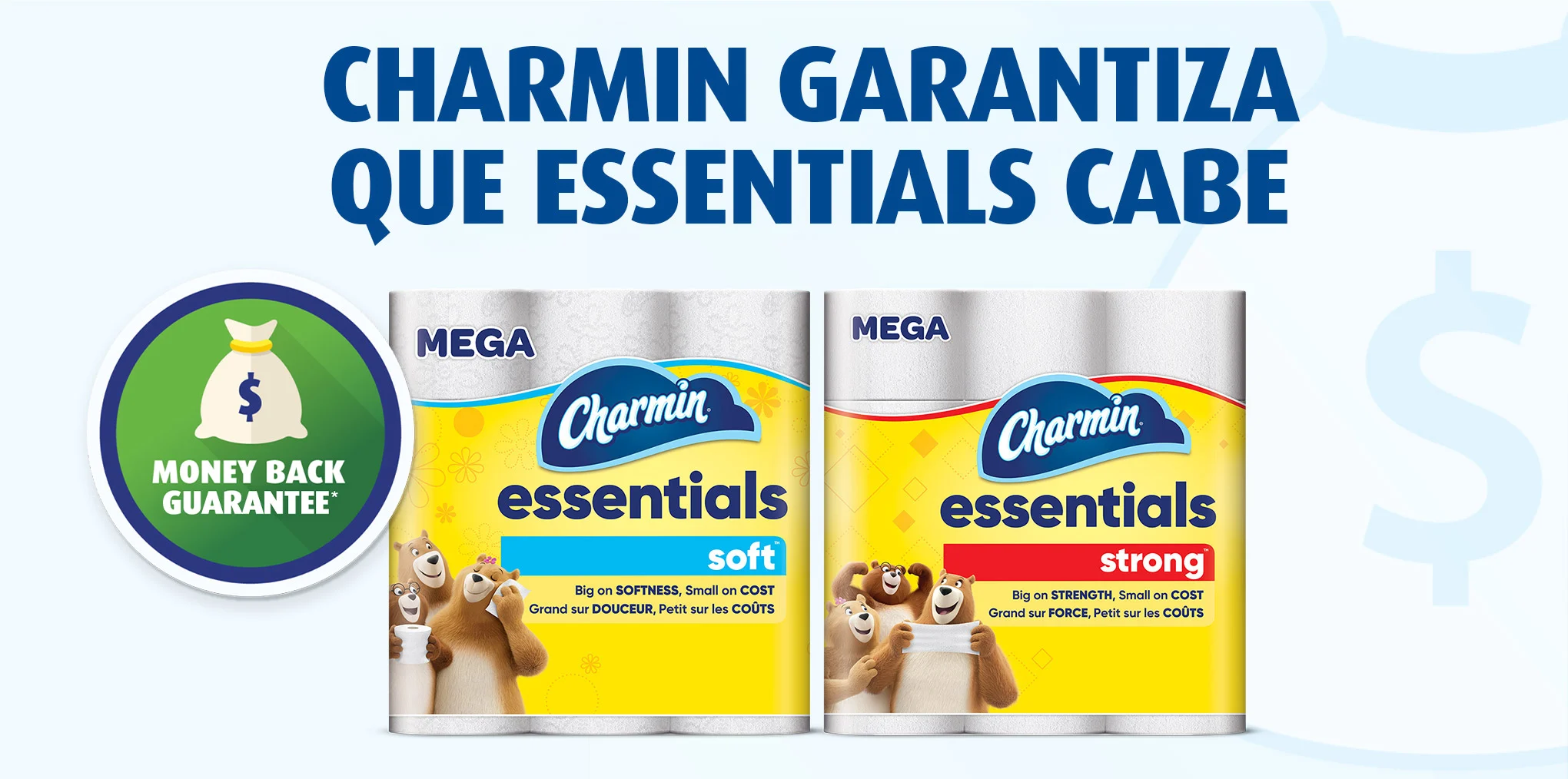 Ícono de Garantía de reembolso junto a paquetes de Charmin Essentials Soft y Strong