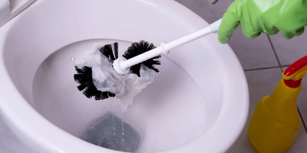 Close-up of person cleaning toilet bowl with toilet brush