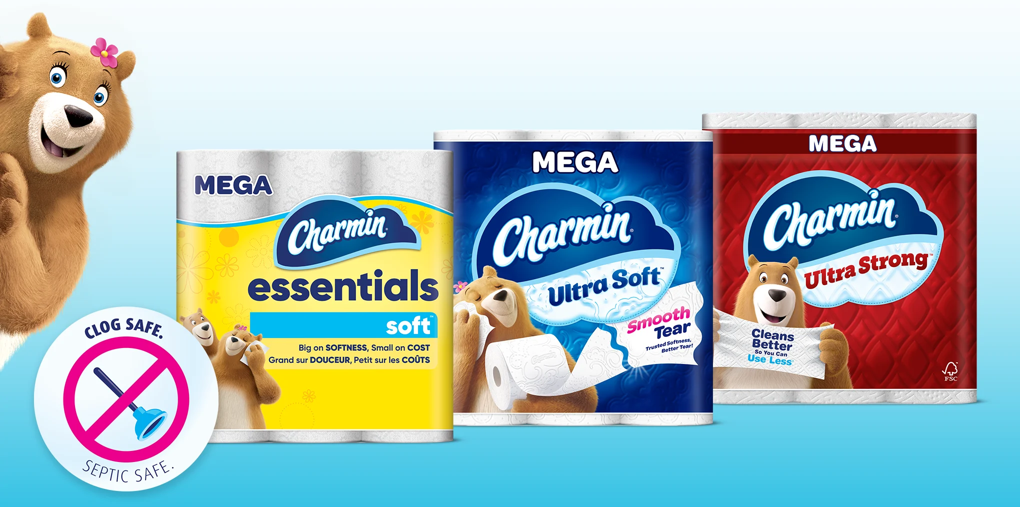 La osa Molly se asoma sobre el ícono de la garantía de no causar atascamientos junto a paquetes Mega de Charmin Essentials Soft, Ultra Soft y Ultra Strong