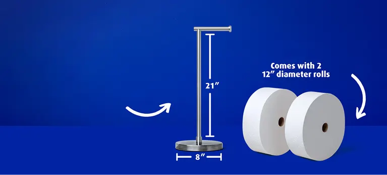 21 inch x 8 inch Premium brushed stainless steel roll holder and 2 forever rolls next to each other