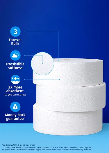 3 Forever rolls stacked on one another and close-up of Forever Roll showing the wavy perforation
