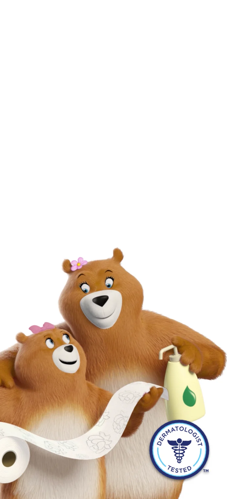 Molly bear embracing Amy bear while holding Ultra Gentle toilet paper and lotion