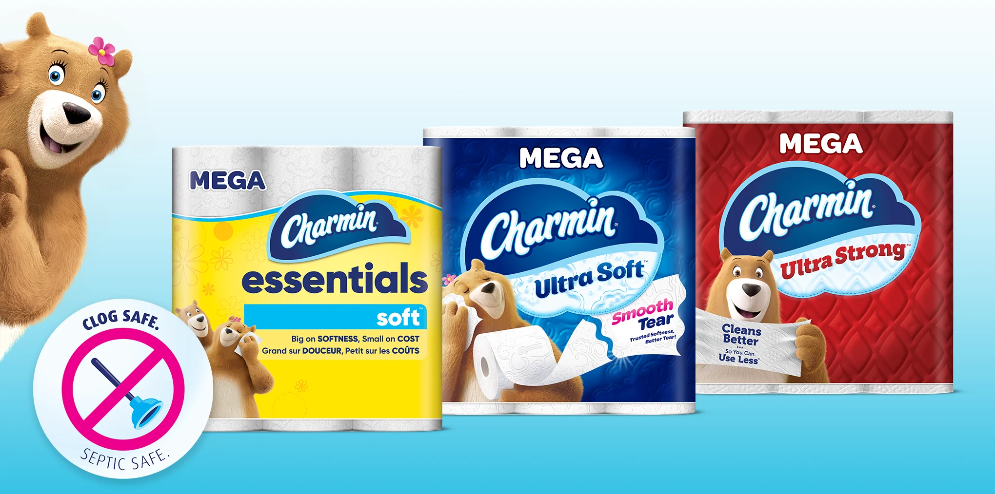 Molly bear peering out over clog-free guarantee icon next to Charmin Essentials Soft, Ultra Soft, and Ultra Strong Mega packs