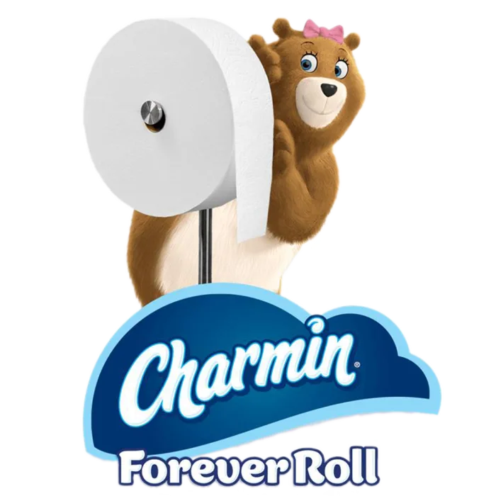 Amy the Charmin bear peeking out behind a forever roll