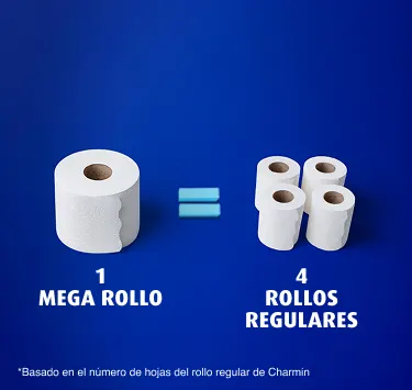 Un Mega Rollo equivale a 4 rollos regulares. Cambia el rollo menos veces. Un Mega Rollo equivale a 4 rollos regulares. Cambia el rollo menos veces.