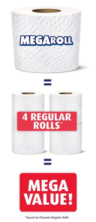 One Mega Roll equals 4 regular rolls, for a mega value!