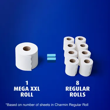 Comparison of 1 Mega XXL Roll to 8 regular rolls. Change your roll less often. One Mega XXL Roll equals 1 regular rolls. Comparison of 1 Mega XXL Roll to 8 regular rolls. Change your roll less often. One Mega XXL Roll equals 1 regular rolls.