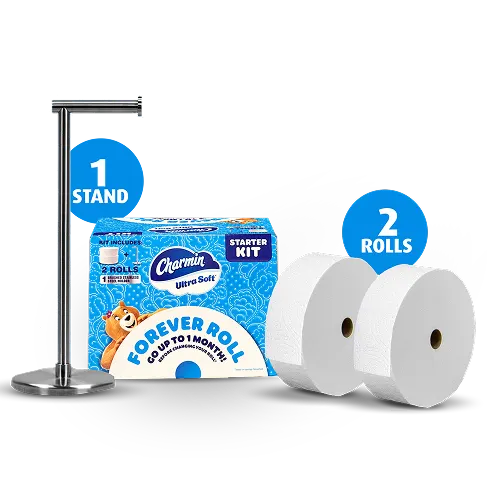 Premium brushed stainless steel roll holder and 2 forever rolls next to each other alongside the Charmin Forever Roll Starter Kit package