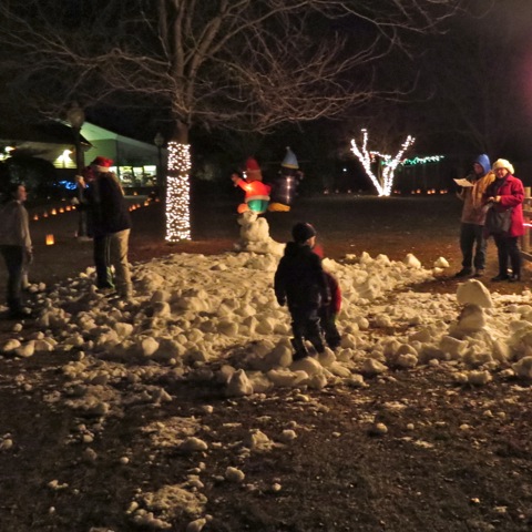Children enjoying the lights and snow at the zoo. 