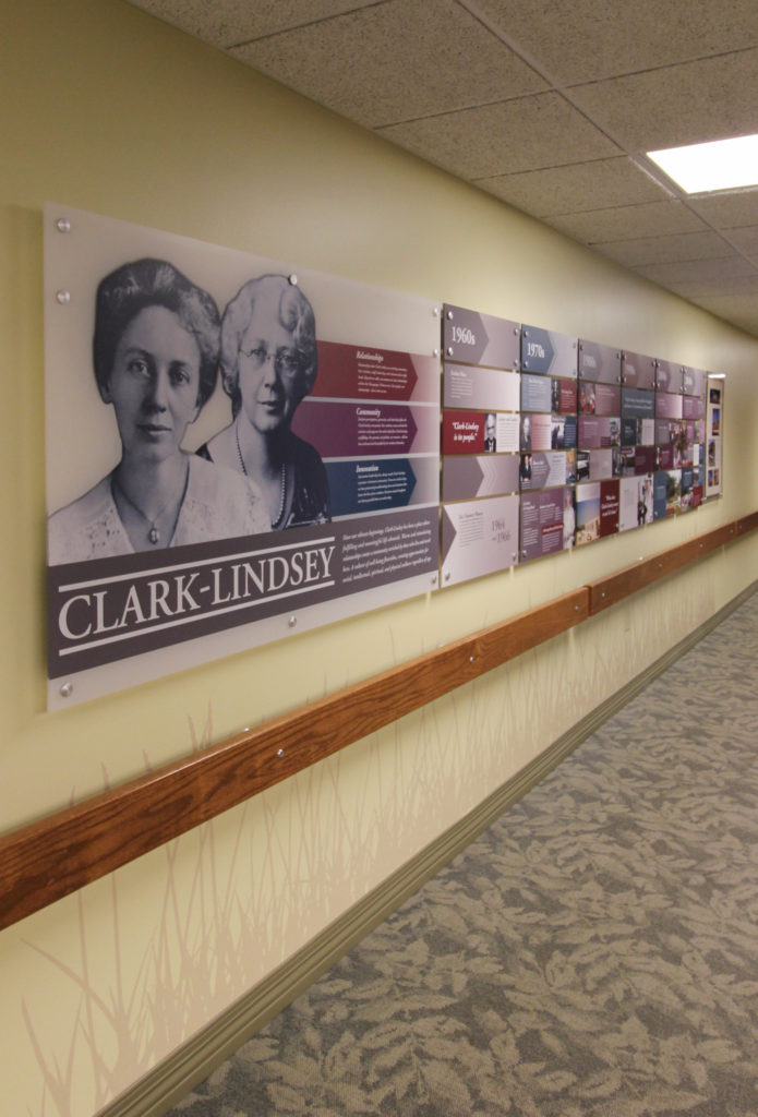 Our history wall is comprised of acrylic panels on stand-offs. It features history images of the founders, all the way through present day residents. 