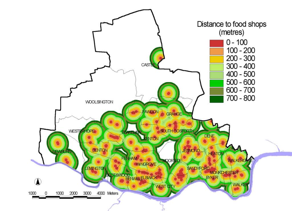 Example of a map showing nearby food shops