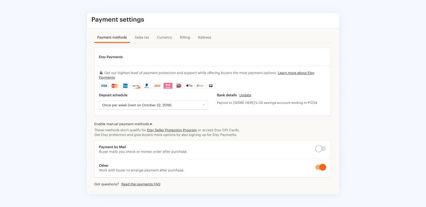 Setting payment options at Etsy