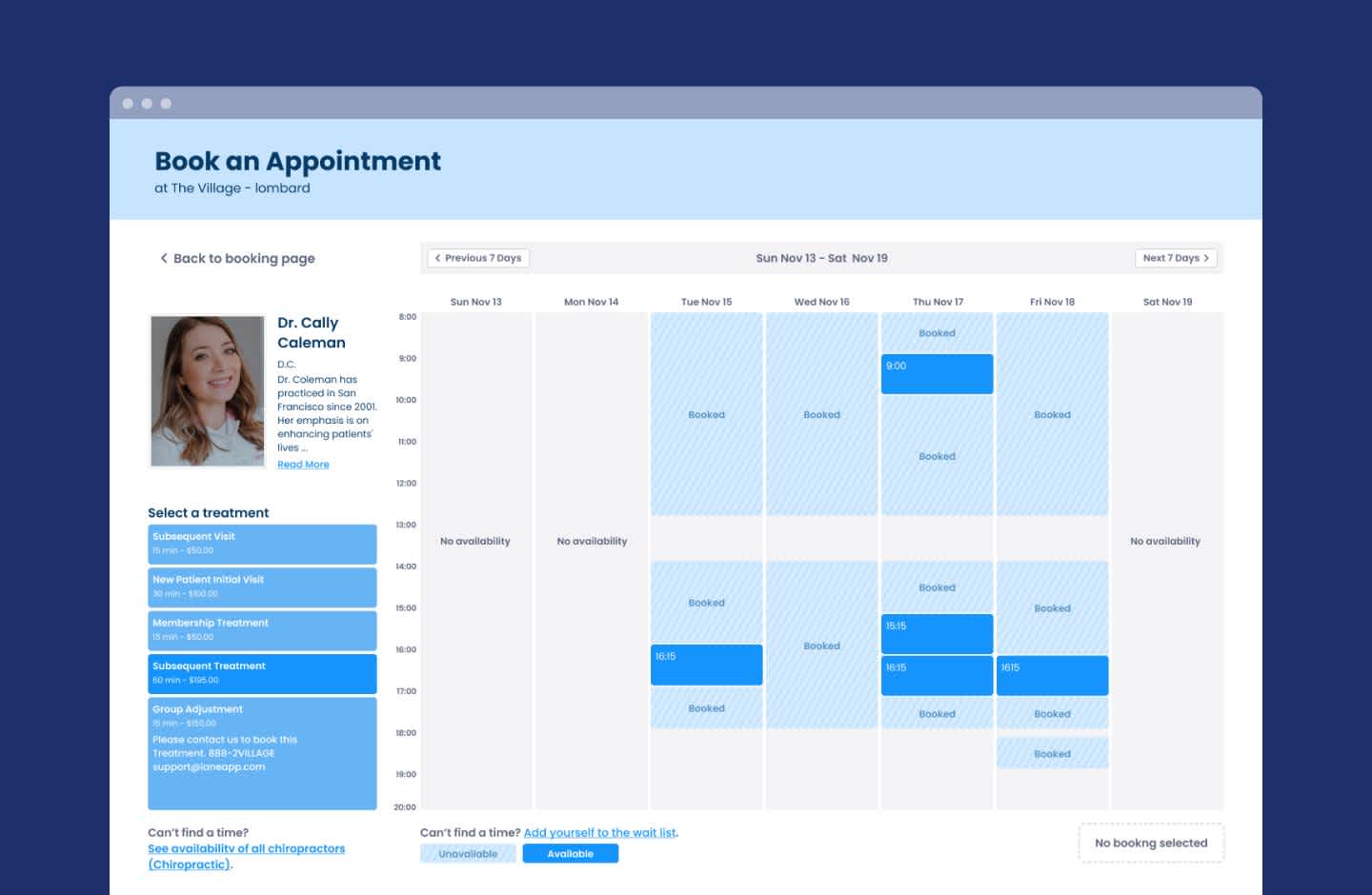 Example of appointment scheduling in a medical practice management app