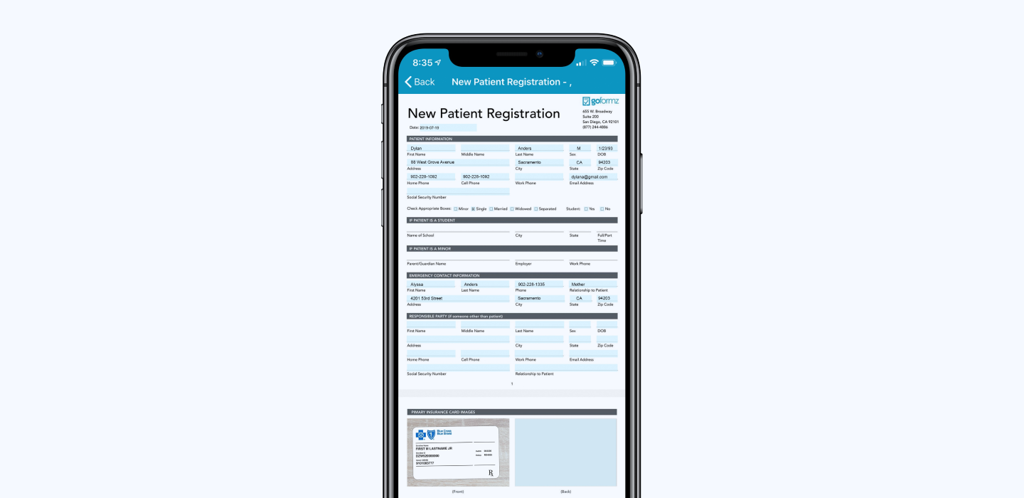 Patient registration form in a medical practice management app