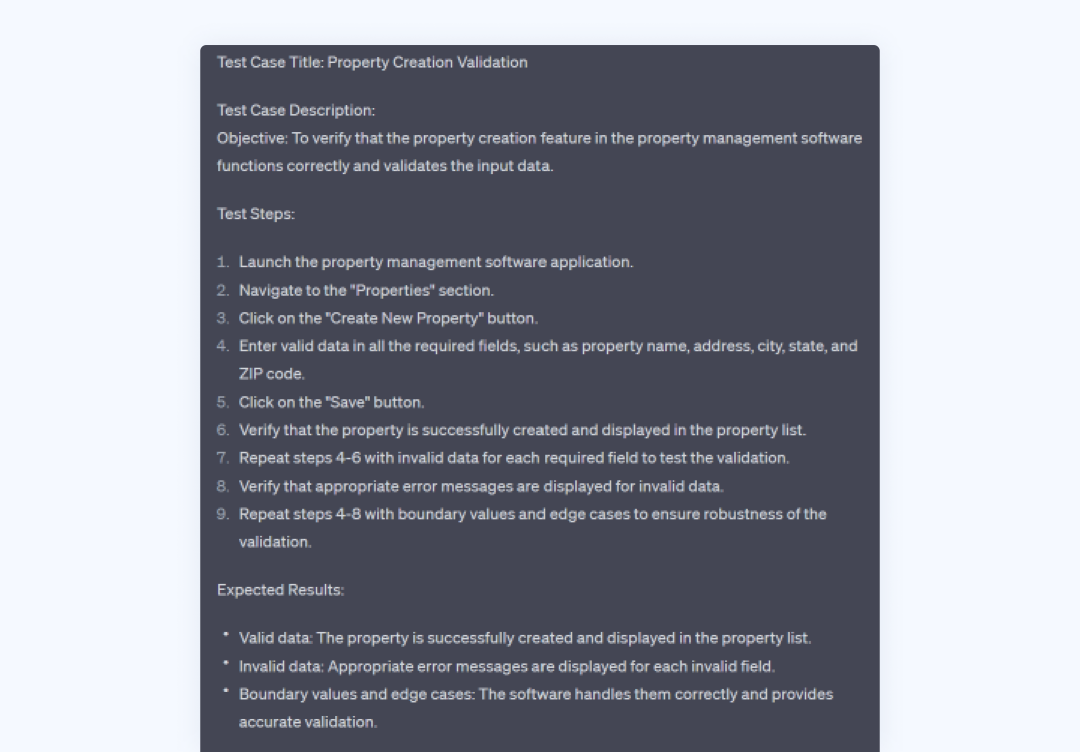 Example of test case generated by ChatGPT for a property management project