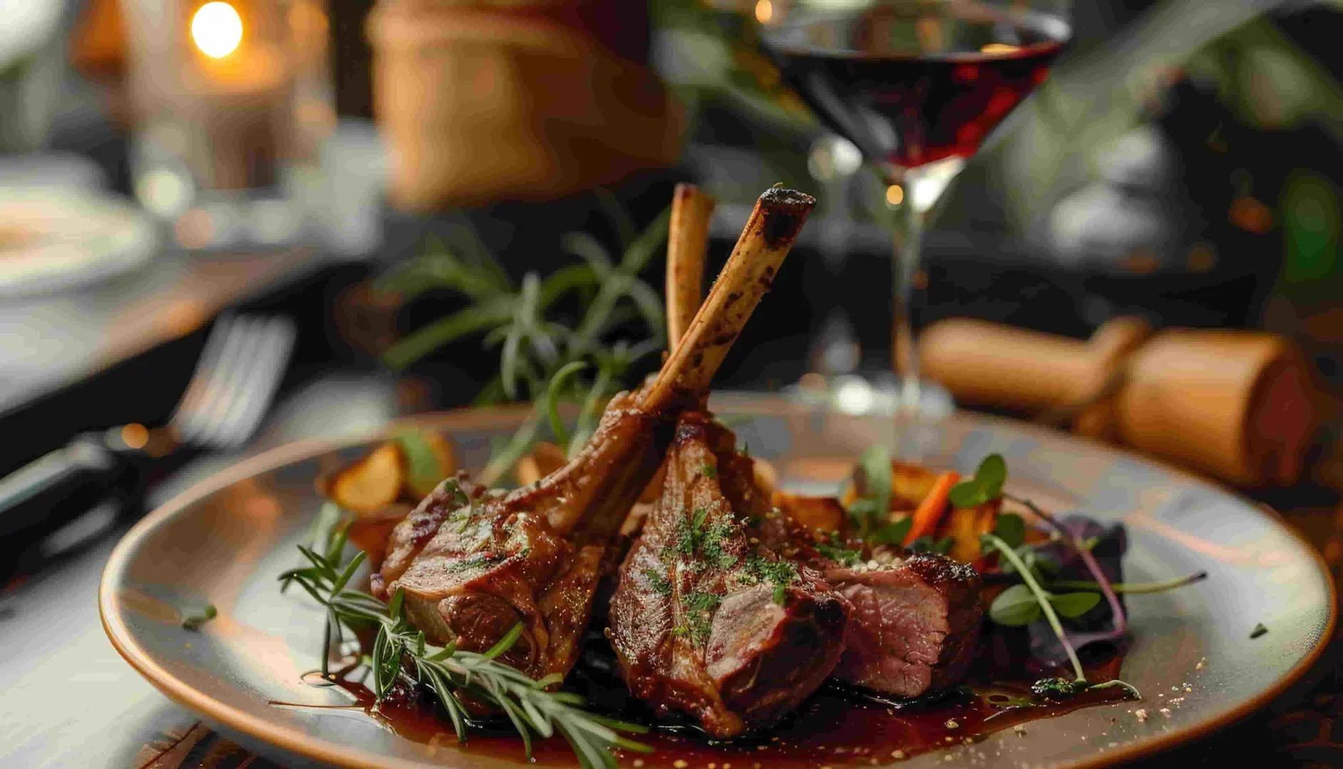 Plate of grilled lamb chops with herbs and vegetables served beside a glass of red wine.