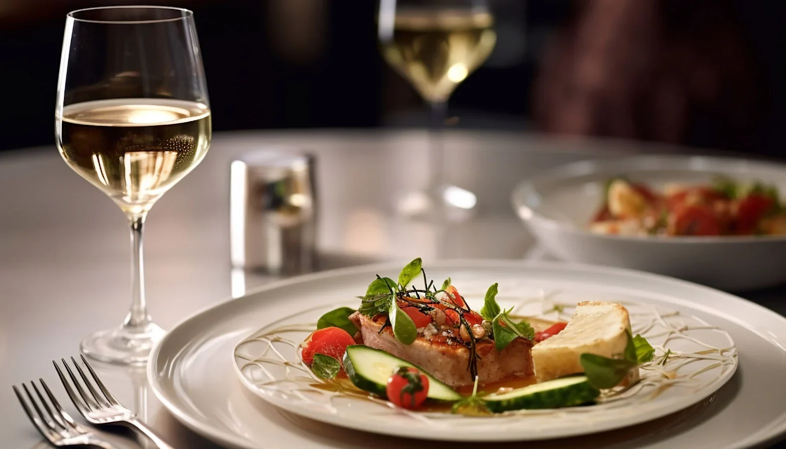 Glass of white wine beside a plated fish dish with vegetables on a restaurant table.