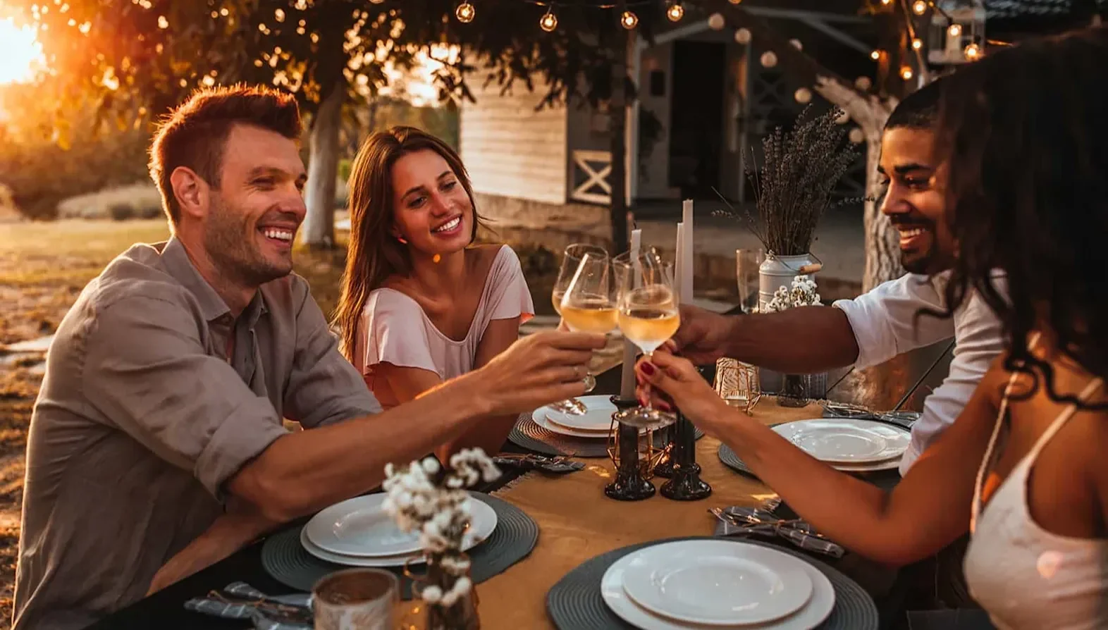 Group raising glasses of white wine at an outdoor dinner table set with plates and candles.
