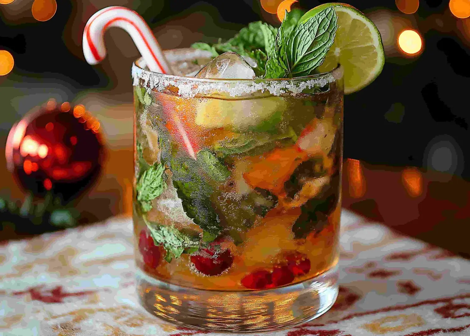 A Christmas Mojito Cocktail, complete with a miniature red and white striped candy-cane for decoration.